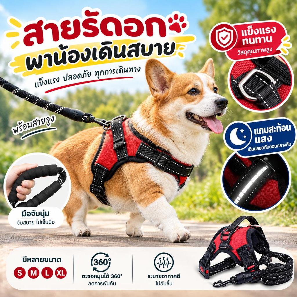 ปลอกคอสัตว์เลี้ยง รัดอกสุนัข ชุดพร้อมสายจูง แถบสะท้อนแสง ป้องกันฉุด ปรับขนาดได้ ใช้ได้ทั้งแมวและสุนัข อุปกรณ์เดินเล่น