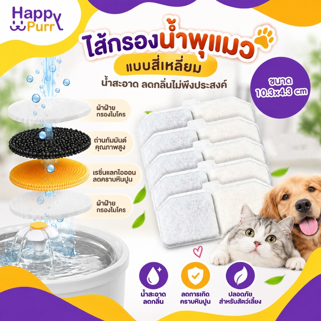Happy Purr ไส้กรองน้ําสําหรับน้ําพุแมว ไส้กรองน้ําพุแมวแบบเหลี่ยม 11.3x4.3 cm