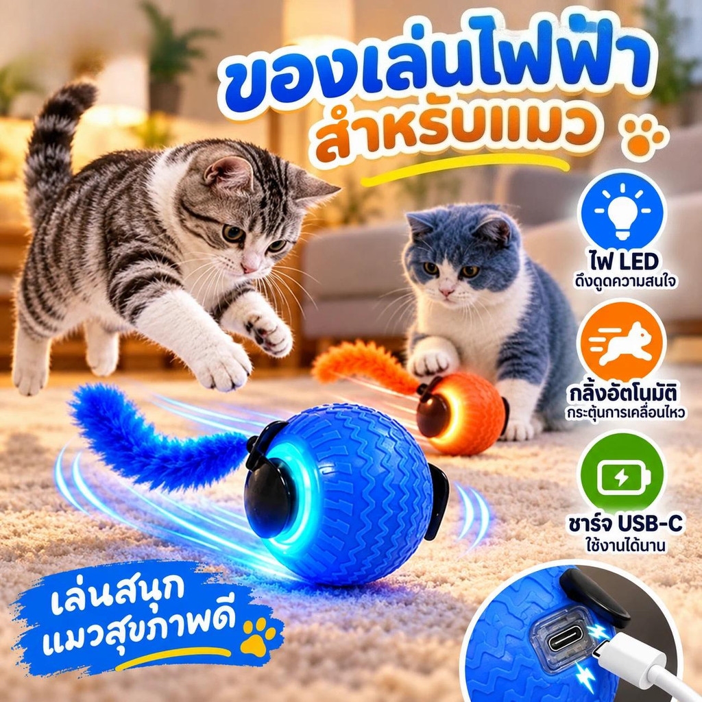 ลูกบอลแมวอัติโนมัติ ของเล่นแมวโต้ตอบ ของเล่นหมา สมาร์ทไฟฟ้า หมุนได้