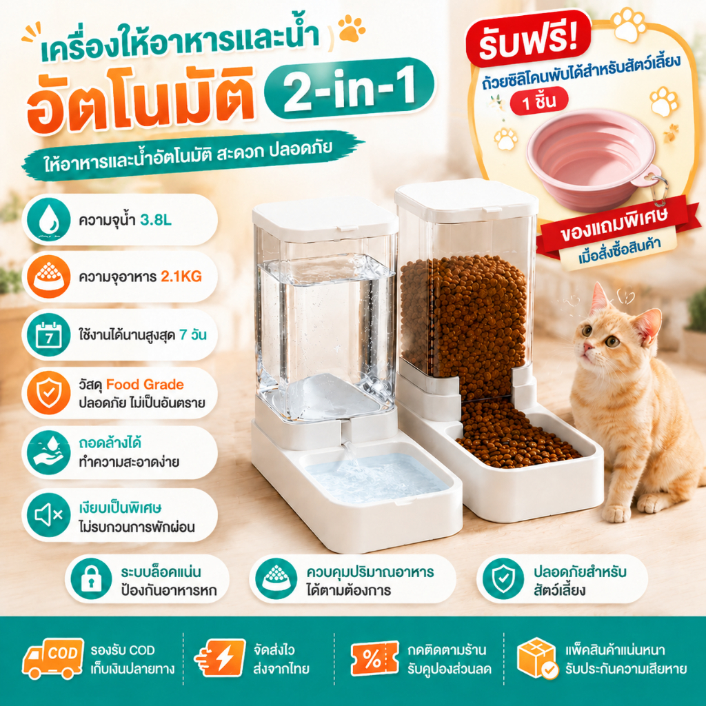 ที่ให้อาหารสัตว์เลี้ยง 2IN1 เครื่องให้น้ําและอาหารสัตว์เลี้ยงอัตโนมัติ ชามแมว COD