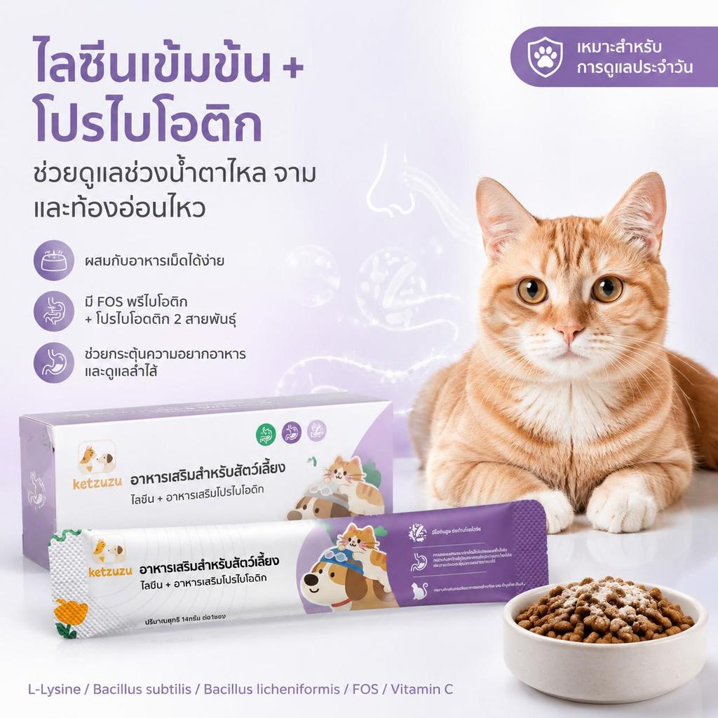 Ketzuzu 12/24 แพ็ค อาหารเสริมแมว อาหารเสริมสุนัข ไลซีน+โปรไบโอติก ช่วยดูแลภูมิตกและลําไส้ไว 14g