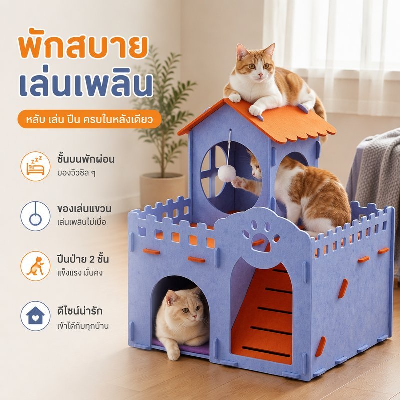 ที่ซ่อนหาแมว 2 ชั้น ลับเล็บได้ คอนโดแมว อุโมงค์แมว ผ้าสักหลาด ขนาดใหญ่ ไม่ครอบครองพื้นที่