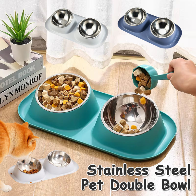 สัตว์เลี้ยงสแตนเลสชามคู่แมวยกสูง Feeder ลื่นอาหารสุนัขชามน้ํา Makan Kucing Mangkuk