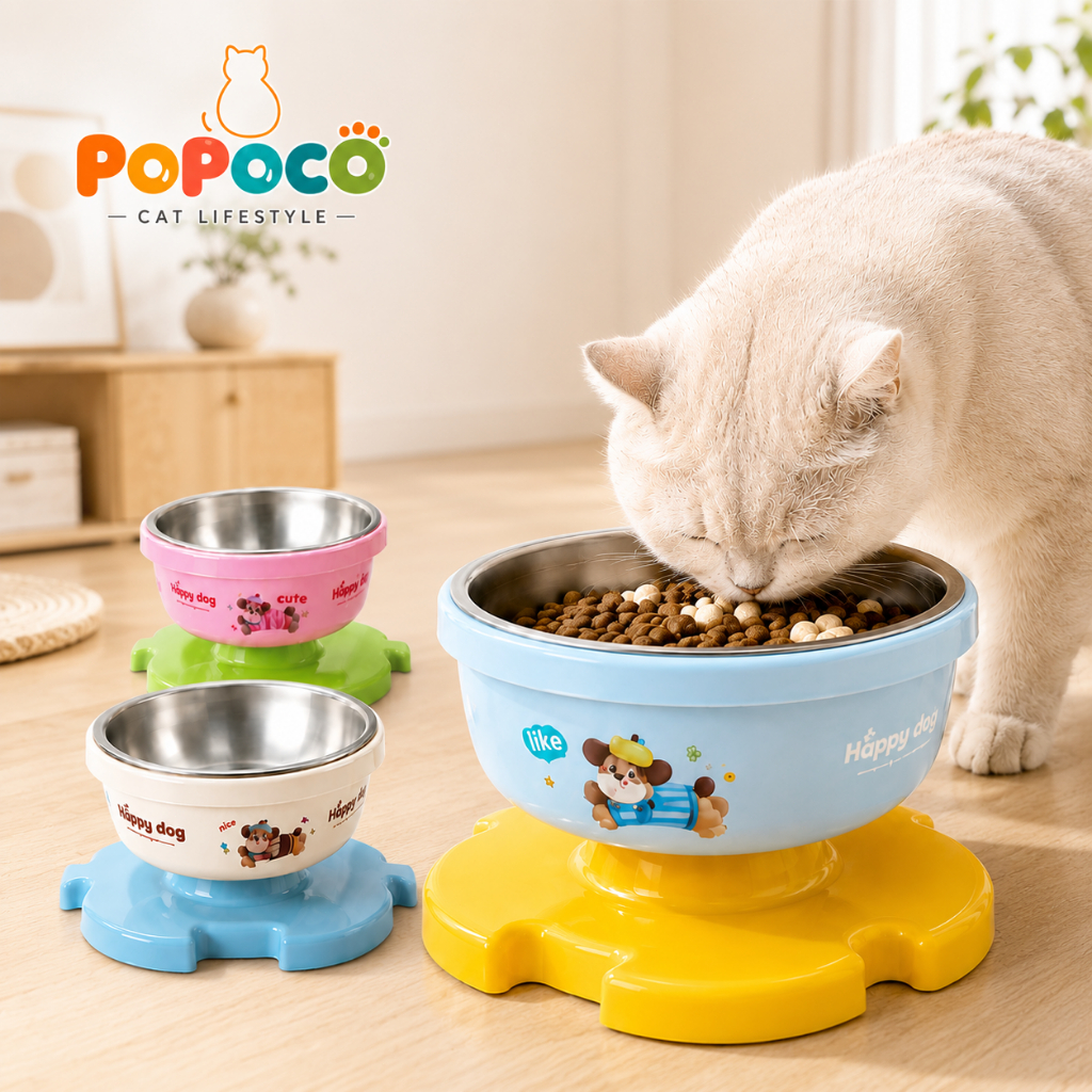 POPOCO】Happy Dog ชามอาหารสัตว์เลี้ยงสแตนเลส ชามอาหารแมว ชามอาหารสุนัข ชามยกสูง ถอดล้างได้ ฐานกันลื่น ชามกันมด ชามหมาแมว
