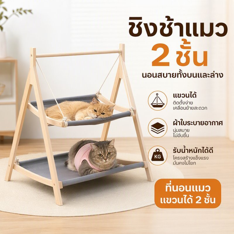 เปลแมวไม้ ชิงช้าแมว ที่นอนแมว 2 ชั้น โครงไม้ เบาะผ้า แขวนได้ ยกสูง รับน้ําหนักดี สไตล์มูจิ
