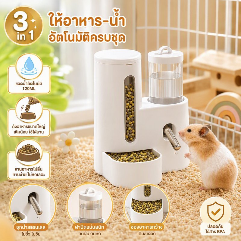 หนูแฮมสเตอร์ป้อนอัต (120ML) 3in1 ขวดน้ําสัตว์เลี้ยง ความจุขนาดใหญ่ ที่ให้น้ําอัตโนมัติ ไม่รั่วซึม สัตว์เล็กเครื่องจ่าย