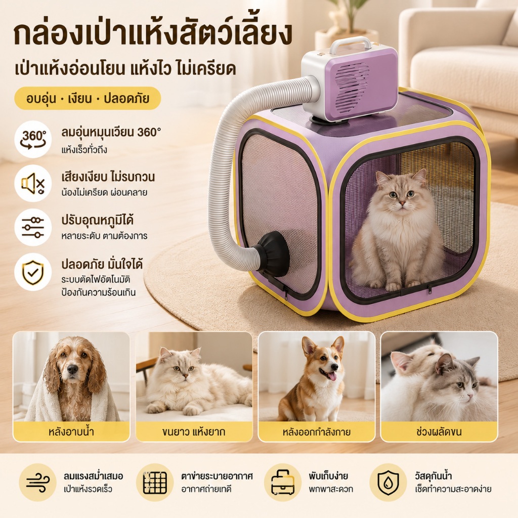 ตู้อบแห้งสัตว์เลี้ยงพับได้ ใช้ในบ้าน อาบน้ําแมว สุนัข พกพาสะดวก เป่าแห้งเร็ว ปลอดภัย ทนทาน