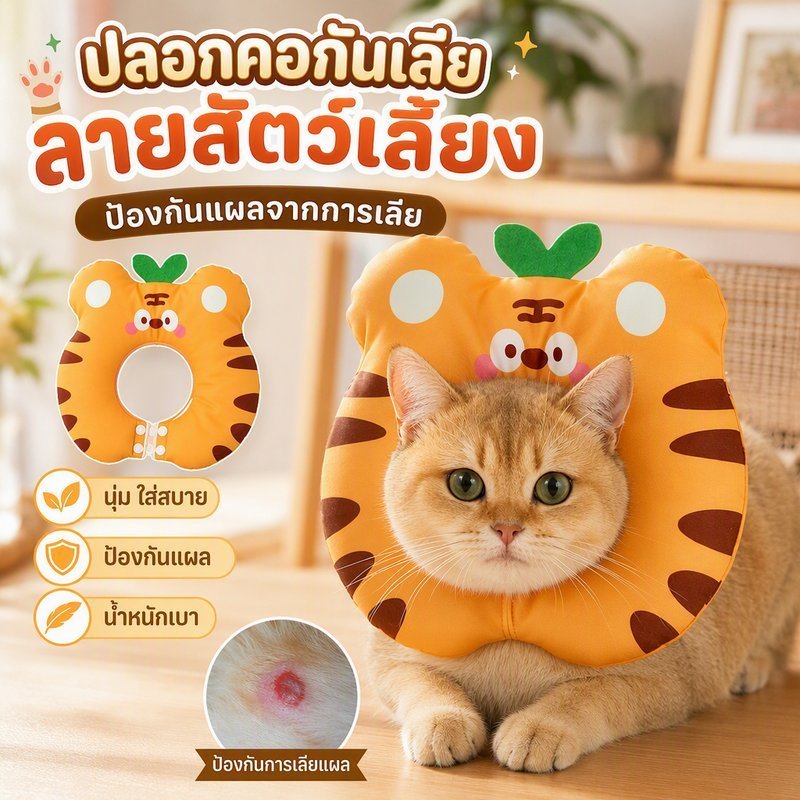 ปลอกคอกันเลีย สุนัขแมว คอซอฟท์ ระบายอากาศ ปรับได้ ป้องกันเลียแผล หลังผ่าตัด ลายการ์ตูน