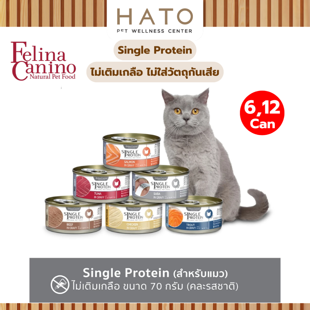 6,12 กระป๋อง] Felina Canino Single Protein (สําหรับน้องแมว) อาหารเปียก ไม่เติมเกลือ ไม่ใส่วัตถุกันเสีย 70 กรัม