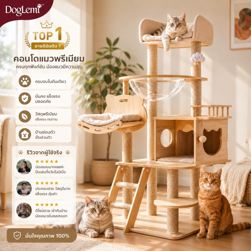 Doglemi】คอนโดแมวไม้สูงพิเศษ บ้านแมวพร้อมโดมใส เสาลับเล็บ ของเล่นแมว ที่นอนแมวหลายชั้น แข็งแรงทนทาน