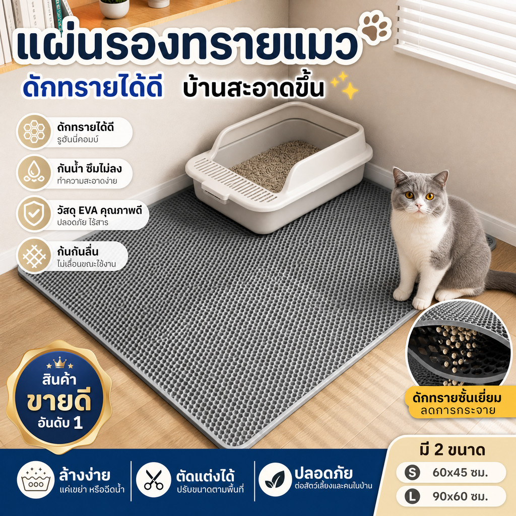 120/90/75/60CM】แผ่นดักทรายแมว พรมดักทรายแมว พรม 2 ชั้น EVA ช่วยดัก ทรายแมว ที่ติดตามเท้า แผ่น รอง ทรายแมว ขนาด ใหญ่