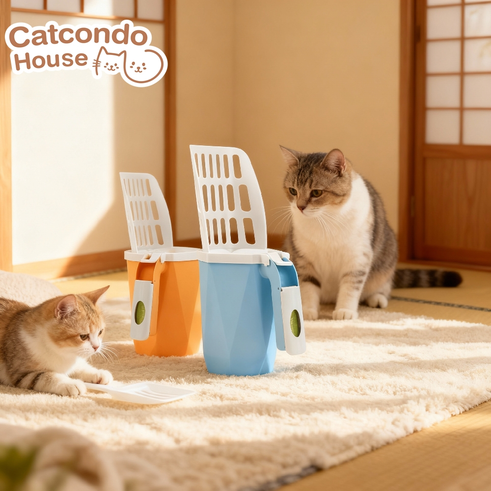 Cathouse ที่ทรายแบบพกพา ที่ตักทรายแมวพร้อมถังเก็บฝาปิดในตัว พลาสติกแข็งแรง ทนทาน ทําความสะอาดง่าย ใช้สําหรับตักอึแมว