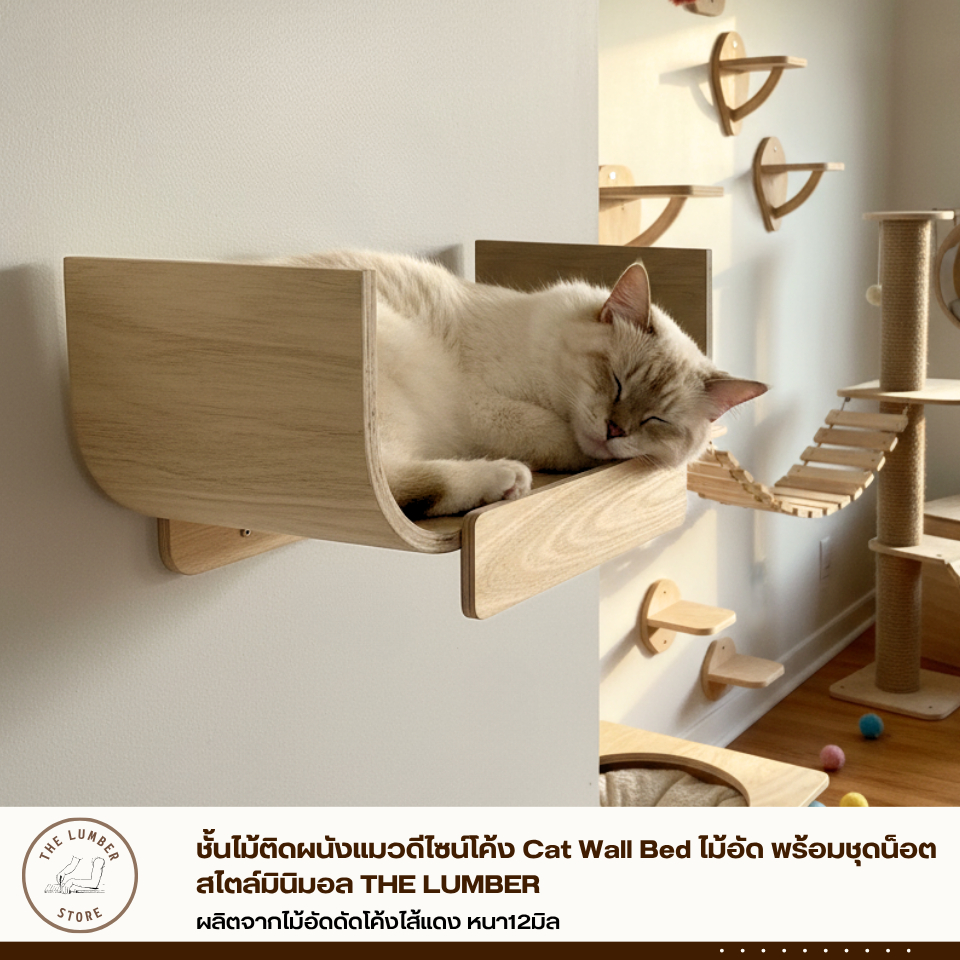 ชั้นไม้ติดผนังแมวดีไซน์โค้ง แบบใหม่เจ้าแรกในประเทศไทย Cat Wall Bed ไม้อัด พร้อมชุดน็อต สไตล์มินิมอล THE LUMBER