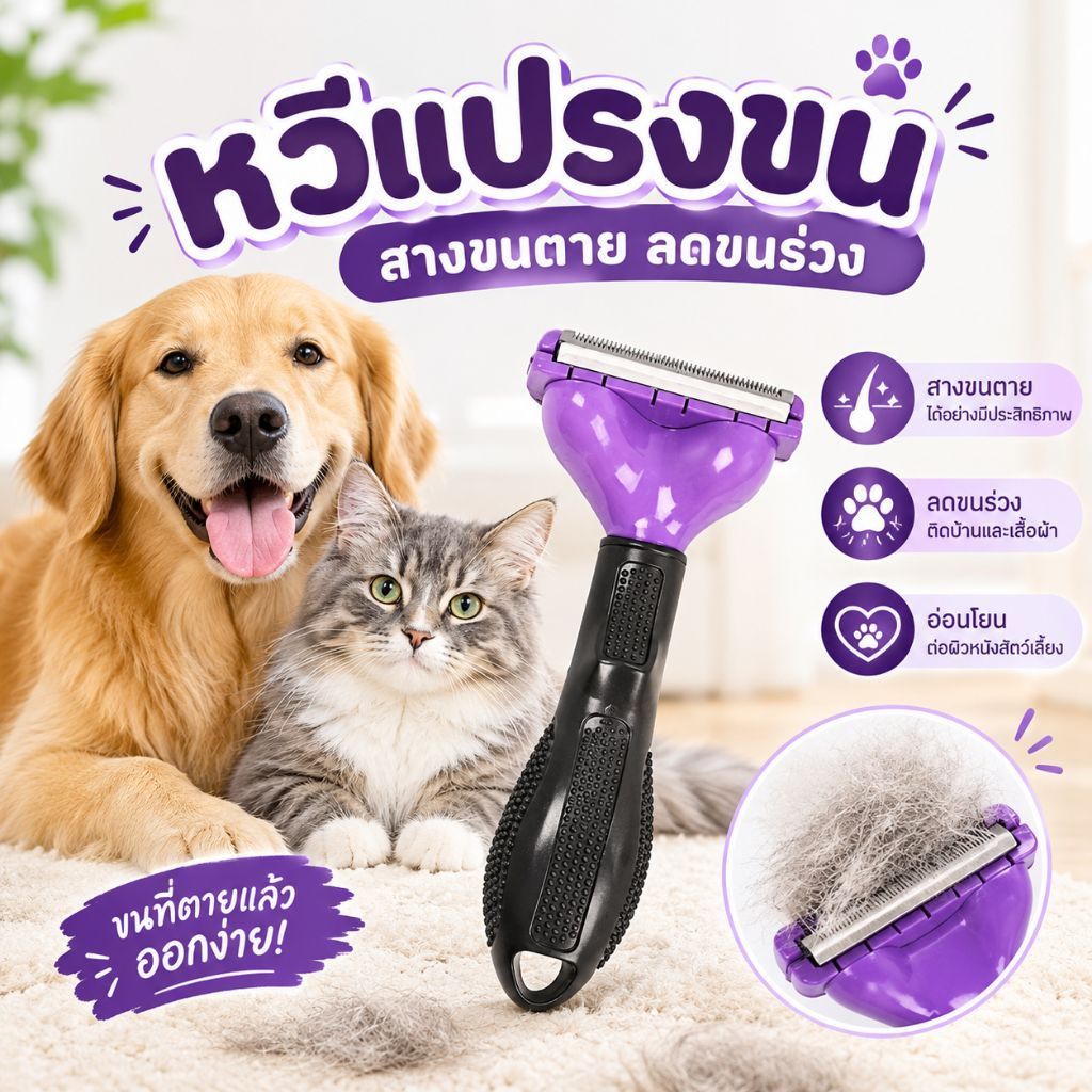 แปรงกําจัดขนร่วง หวีแปรงขนหมาแมว ลดขนร่วง ใช้หวีขนสุนัขและแมว