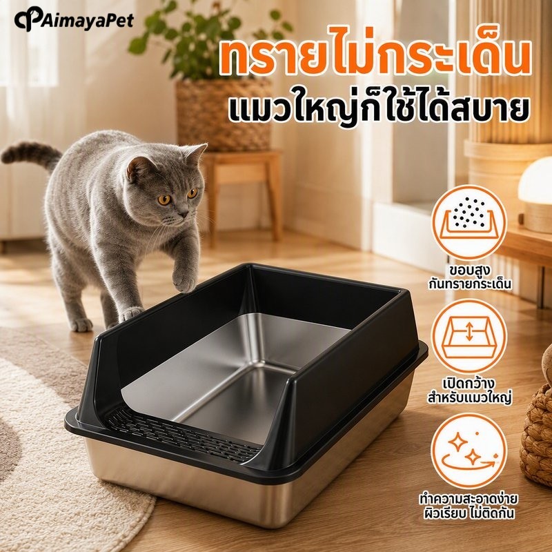 กระบะทรายแมวสแตนเลส ขอบสูงป้องกันทรายกระเด็น พื้นที่กว้างสําหรับแมวขนาดใหญ่ ทําความสะอาดง่าย ทนทาน