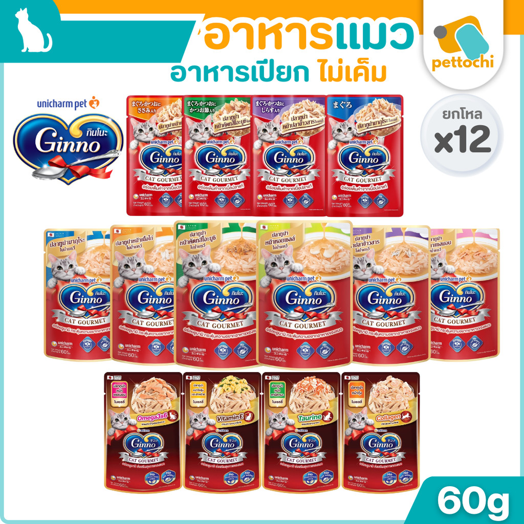 ยกโหล] Ginno กินโนะ อาหารเปียกแมว 60g 12ซอง บํารุงขนให้นุ่มสวย ไม่เค็ม