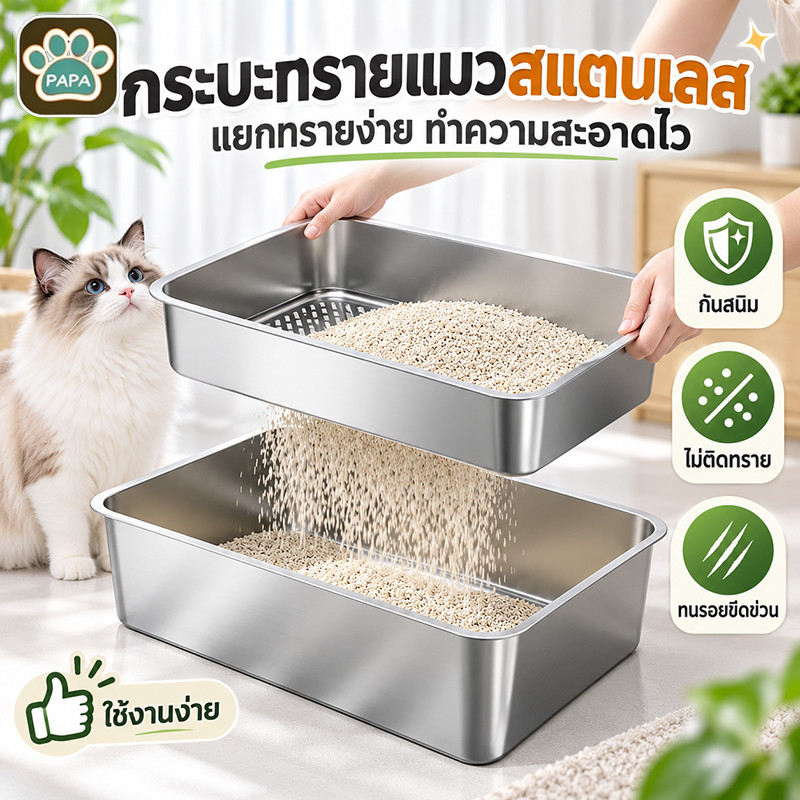 กระบะทรายแมวสแตนเลส 2 ชั้น ตะแกรงร่อนทราย ทําความสะอาดง่าย กันกลิ่น ทนข่วน แข็งแรง ไม่เป็นสนิม