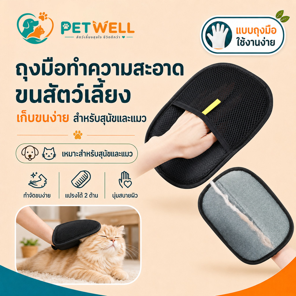 PETWELL ถุงมือกําจัดขนสัตว์เลี้ยง แปรงขนแมวและสุนัข ลดไฟฟ้าสถิต เก็บขนหลุดร่วง สําหรับดูแลขนประจําวัน