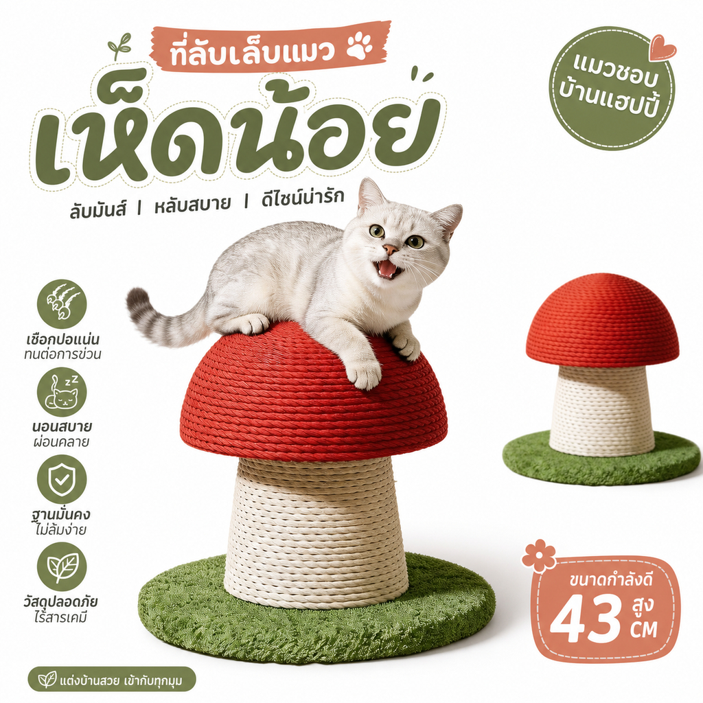 เสาข่วนแมวรูปเห็ด ทนต่อการสึกหรอและป้องกันเศษหลุดร่วง แผ่นข่วนแมวแบบ 2 ใน 1 สําหรับลับเล็บและพัก