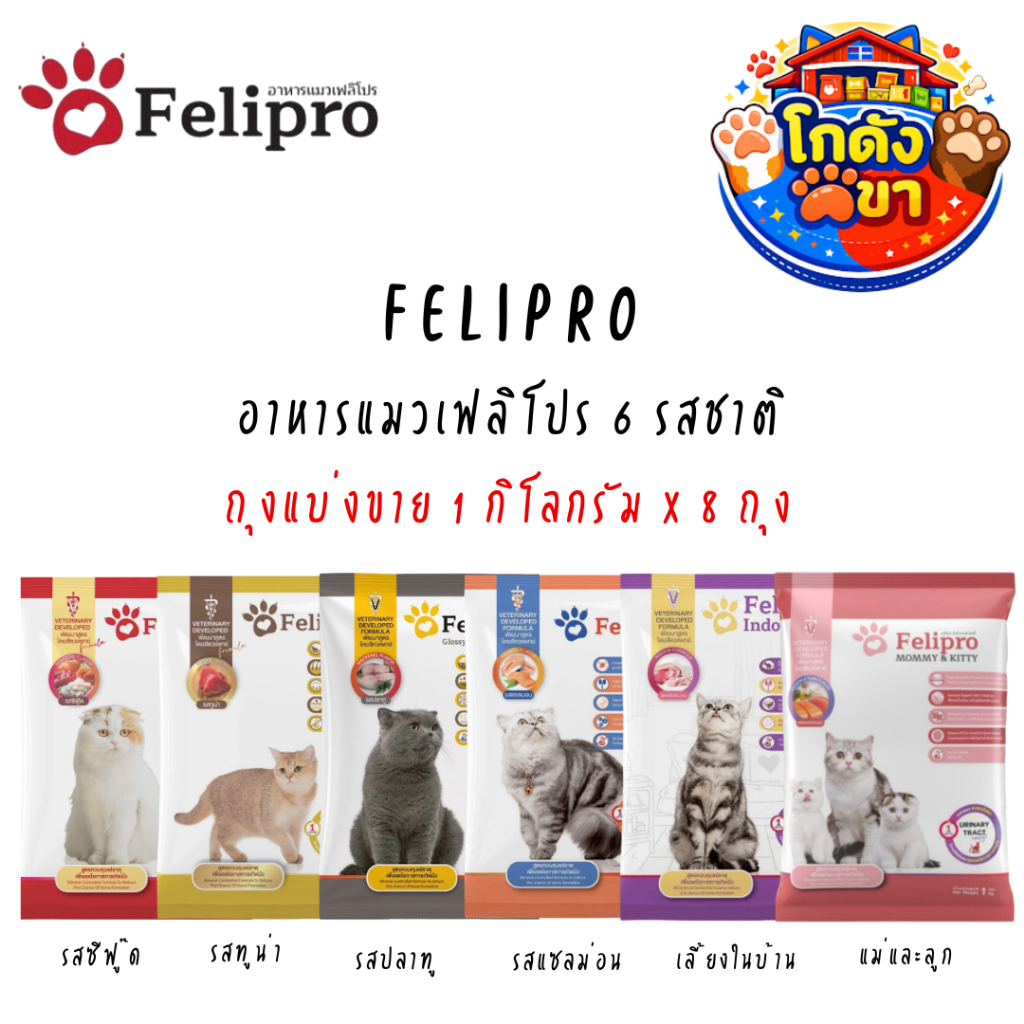 1 kg x 8 ถุง) Felipro อาหารแมวเฟลิโปร 5 รสชาติ ลดโอกาสการเกิดนิ่ว ถุงแบ่งขนาด 1 kg