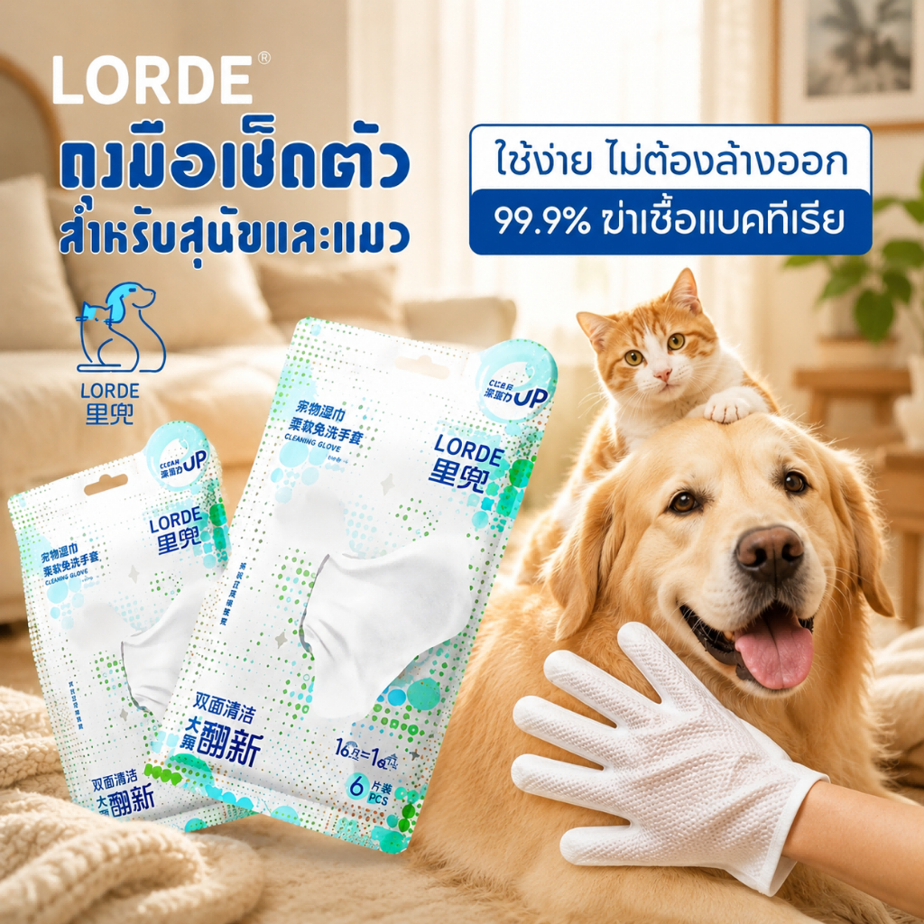 LORDE Pet Gloves Wipes ถุงมือเช็ดตัว อุปกรณ์อาบน้ํา ยับยั้งแบคทีเรีย ใช้แล้วทิ้ง สําหรับสุนัขและแมว