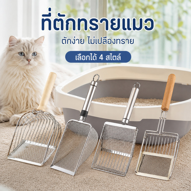 พลั่วตักขยะแมว ตะแกรง พลั่วตักอึสัตว์เลี้ยง โลหะสเตนเลส สําหรับร่อนทราย ร่อนฝุ่น จับถนัดมือ สําหรับสัตว์เลี้ยง