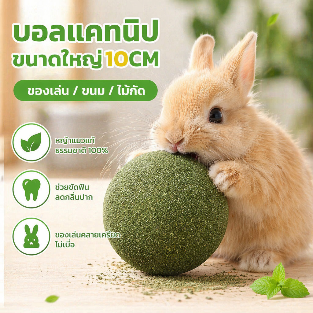 ของเล่นกระต่าย ลูกบอลหญ้ากระต่าย ลูกบอลมินท์ ป้องกันการแทะเฟอร์นิเจอร์ ลูกบอลขนาดใหญ่ 10 ซม