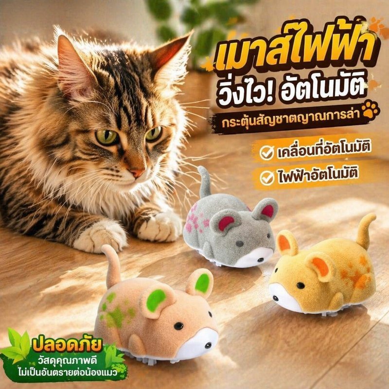 ของเล่นแมว หนูไฟฟ้าอัตโนมัติ หุ้มผ้าขนนุ่ม มีเสียง วิ่งสุ่ม กระตุ้นสัญชาตญาณล่า แถมถ่านและไขควง