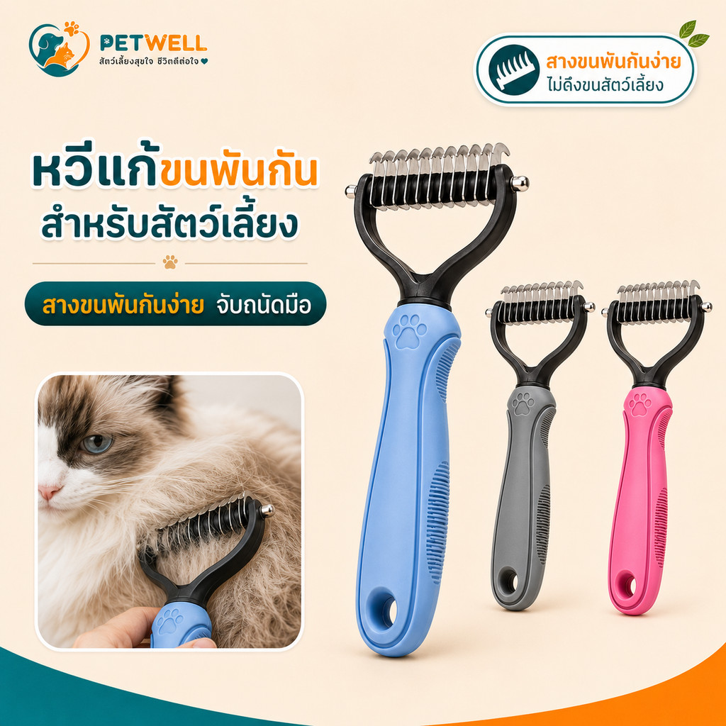หวีแปรงขนสัตว์ PETWELL หวีสุนัข หวีแมว กําจัดขนพันกัน หวีสองด้าน ซี่สแตนเลส ด้ามจับถนัดมือ