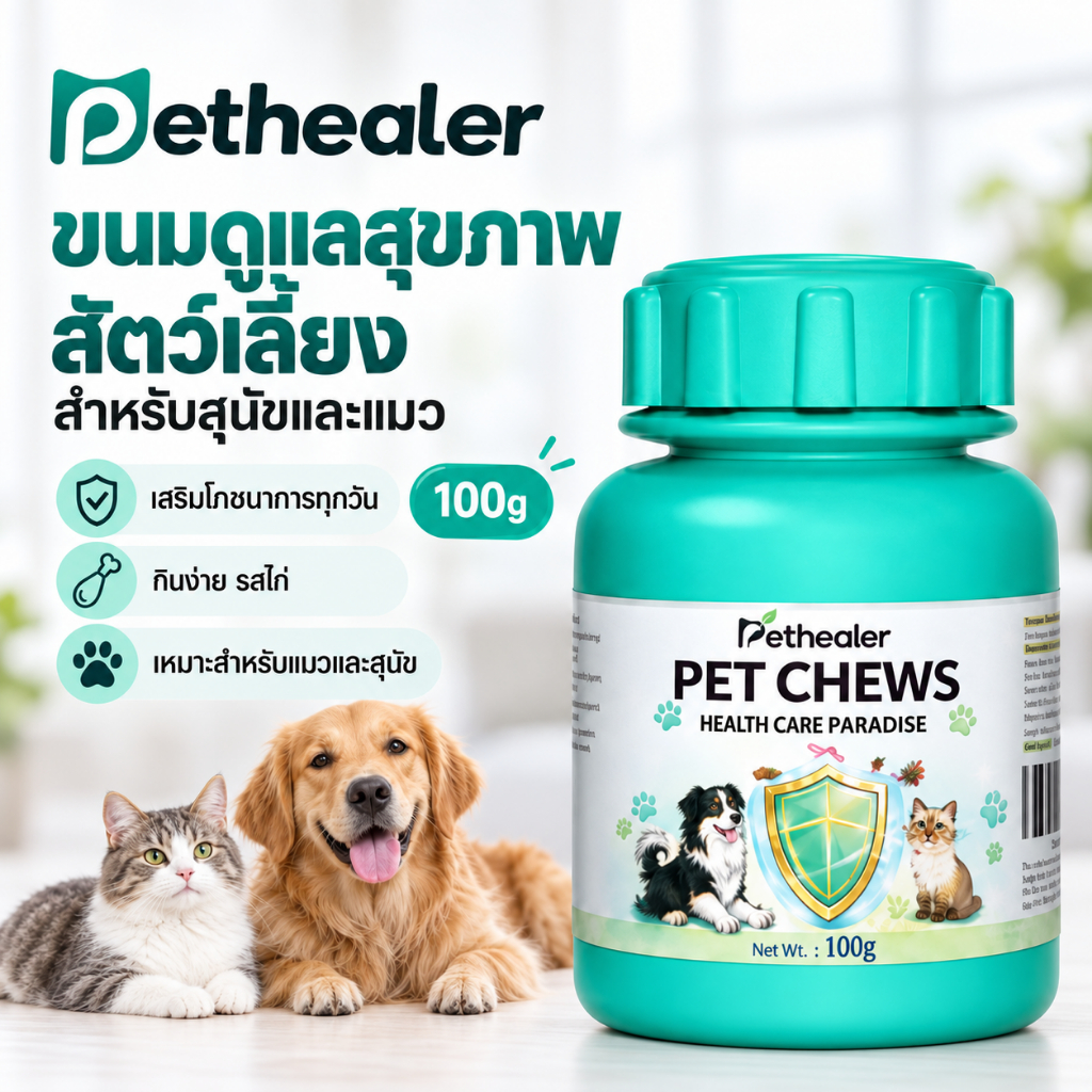PETHEALER ขนมเม็ดสําหรับสุนัขและแมว 100g ผสมเนื้อไก่ เสริมสารอาหาร เหมาะสําหรับสัตว์เลี้ยงอายุ 4 สัปดาห์ขึ้นไป ใช้เป็นขนมหรือผสมอาหาร