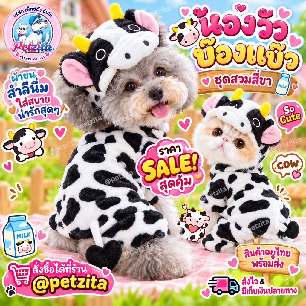 ชุดสี่ขา 🐄 น้องวัวขาวดํา สุดน่ารัก 🐄 for pet ชุดสุนัข ชุดหมา ชุดแมว สัตว์เลี้ยง
