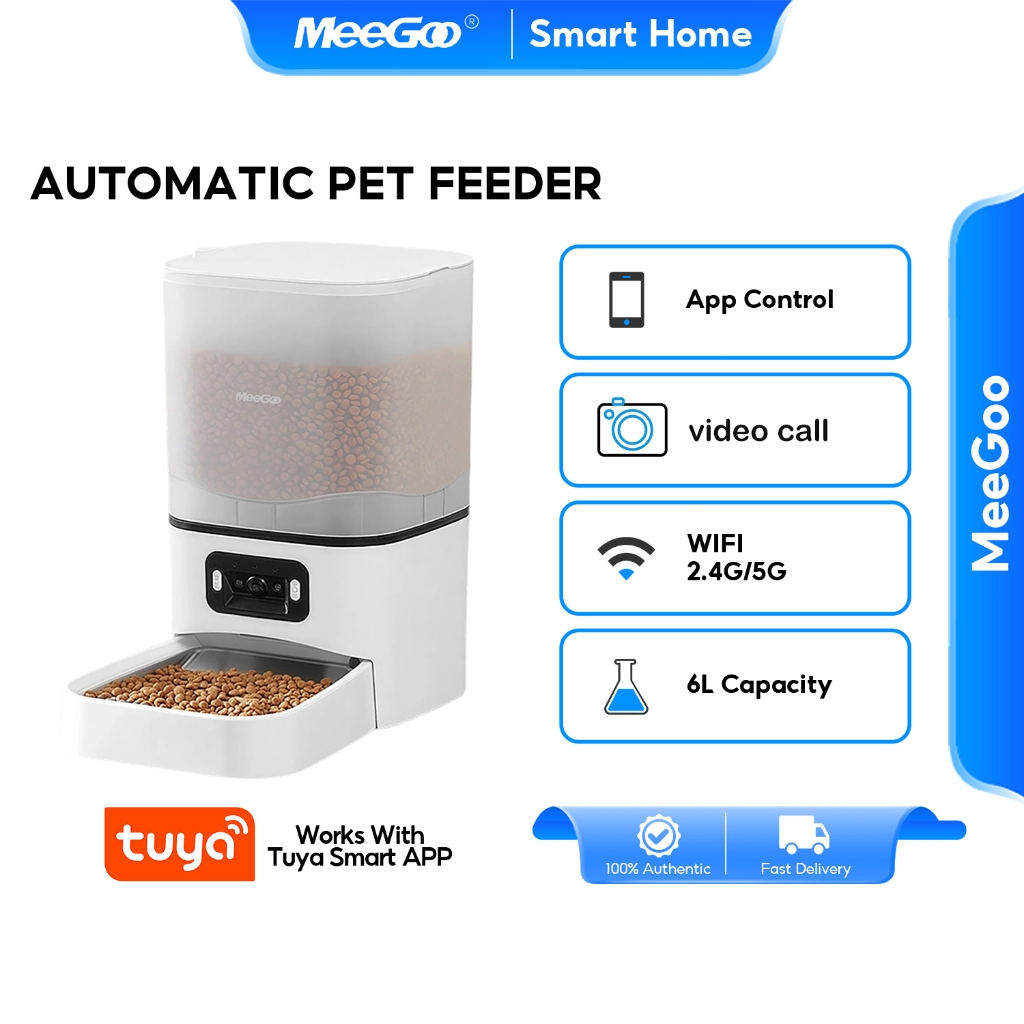 MeeGoo WiFi เครื่องให้อาหารอัตโนมัติ 6L ตั้งเวลาให้อาหาร pet Feeder พร้อมกล้องวิดีโอ เหมาะสําหรับสุนัขและแมว เชื่อมTUYA