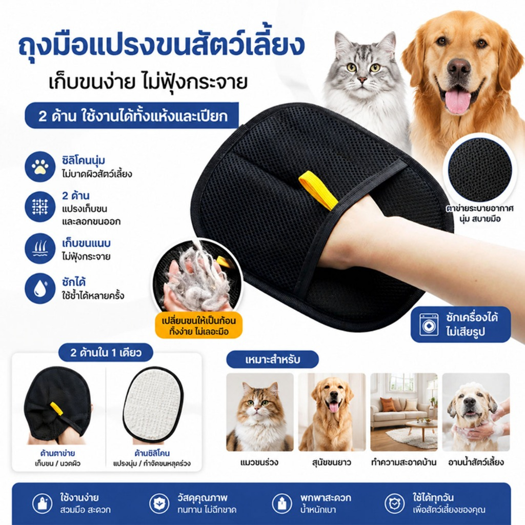 COD}-Allaloe ถุงมือกําจัดขนสัตว์เลี้ยงสองด้านล้างทําความสะอาดได้เครื่องมือกรูมมิ่งมัลติฟังก์ชั่นสําหรับแมวสุนัขสัตว์เลี้ยงผมทําความสะอาดสะสม