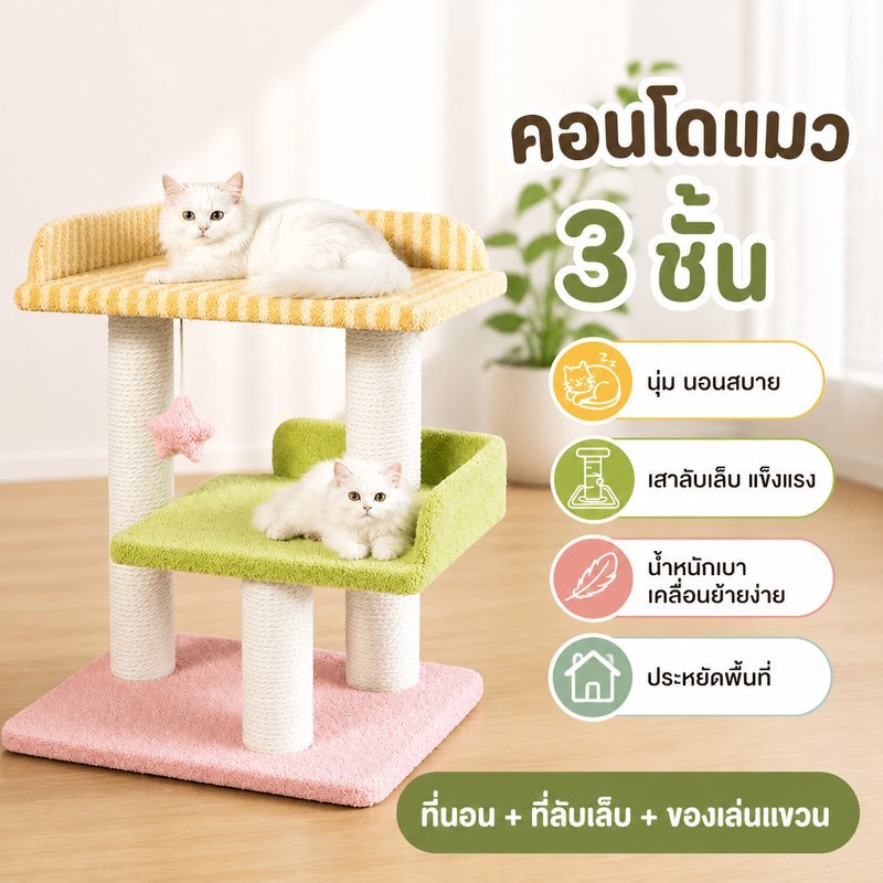 คอนโดแมว ต้นไม้แมว 3ชั้น ที่ลับเล็บแมว เสาป่าน ของเล่นแขวน บ้านแมว ที่นอน ฐานกว้าง