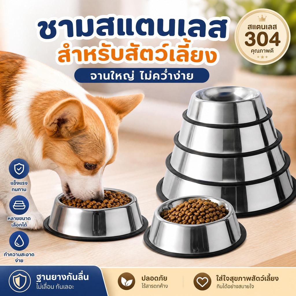 ชามอาหารสุนัข ชามแมว สแตนเลสหนา ทรงกรวยฐานกว้าง กันคว่ํา