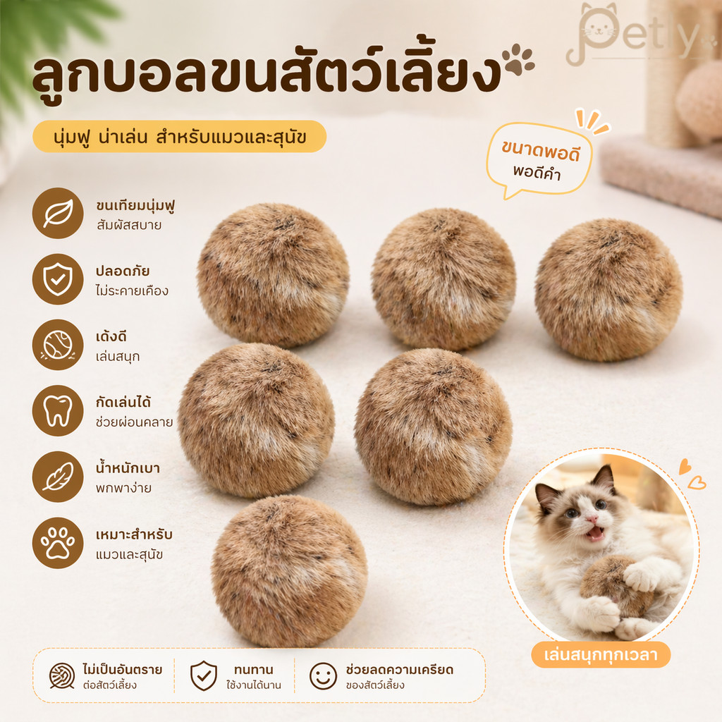 ลูกบอลแมว ขนกระต่ายแท้ (ชุด 6 ลูก) นุ่มนิ่ม ของเล่นแมวเงียบไม่มีเสียง ทนต่อการกัดและขีดข่วน