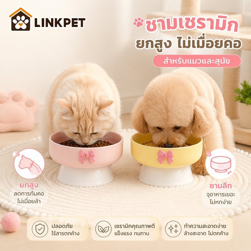 ชามอาหารแมว เซรามิค ขาสูง กันล้ม ฐานกันลื่น ชามน้ํา ชามโค้งลึก ป้องกันคางดํา