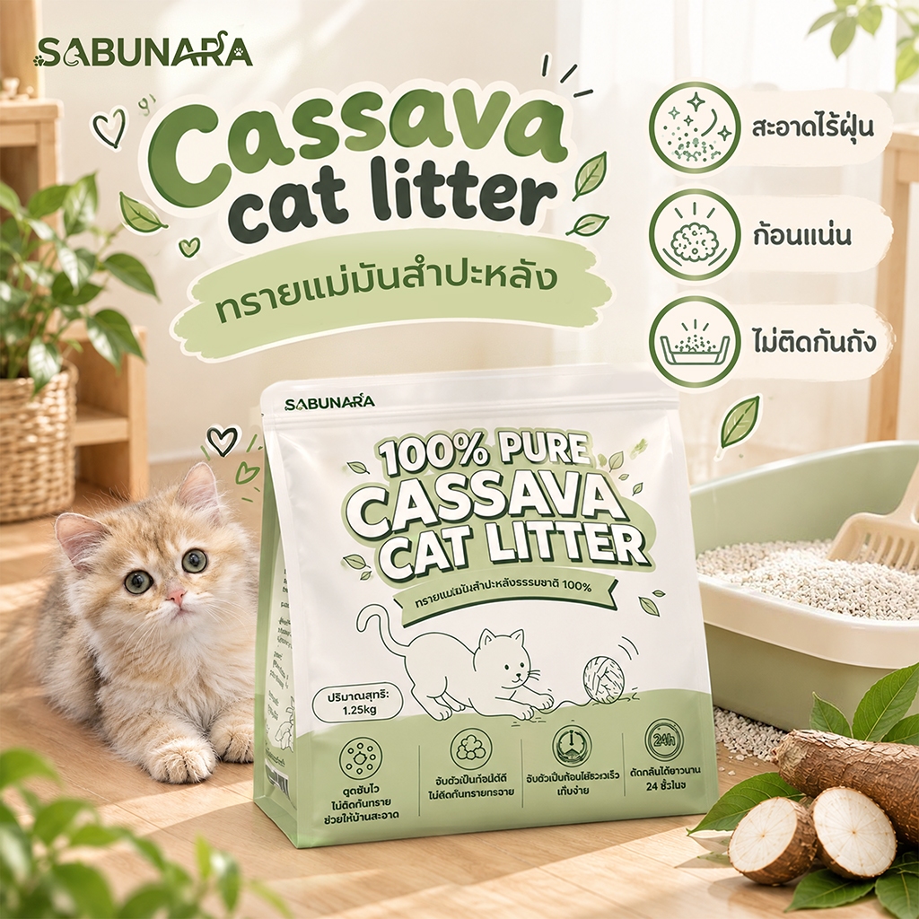 ทรายแมว มันสําปะหลัง clumping Cassava cat litter ทรายแมวกระสอบ บริสุทธิ์ 100% ไม่ติดก้นถัง