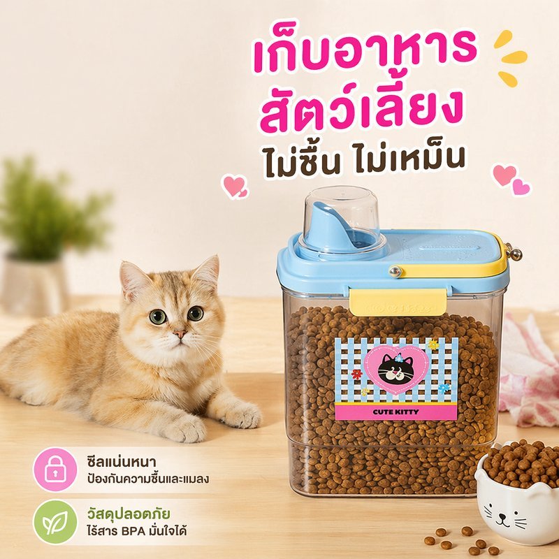 ถังเก็บอาหารสัตว์เลี้ยง กล่องใส่อาหารแมว อาหารหมา ฝาปิดแน่น กันชื้น มีถ้วยตวง 2L