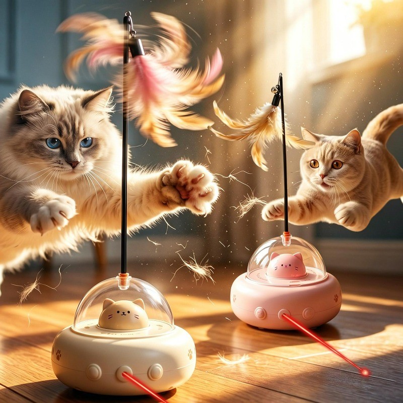 สมาร์ท Teaser ของเล่นแมวไฟฟ้า UFO Cat Teaser Stick Bell การฝึกอบรมของเล่นสัตว์เลี้ยงเปลี่ยน Feather Interactive แมวอุปกรณ์