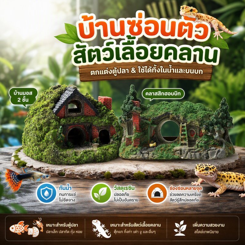 บ้านฮอบบิท ตกแต่งตู้ปลา เรซิน กันน้ํา ทนแช่ ที่ซ่อนสัตว์เลื้อยคลาน บ้านหลบภัย ปลา กุ้ง ตุ๊กแก