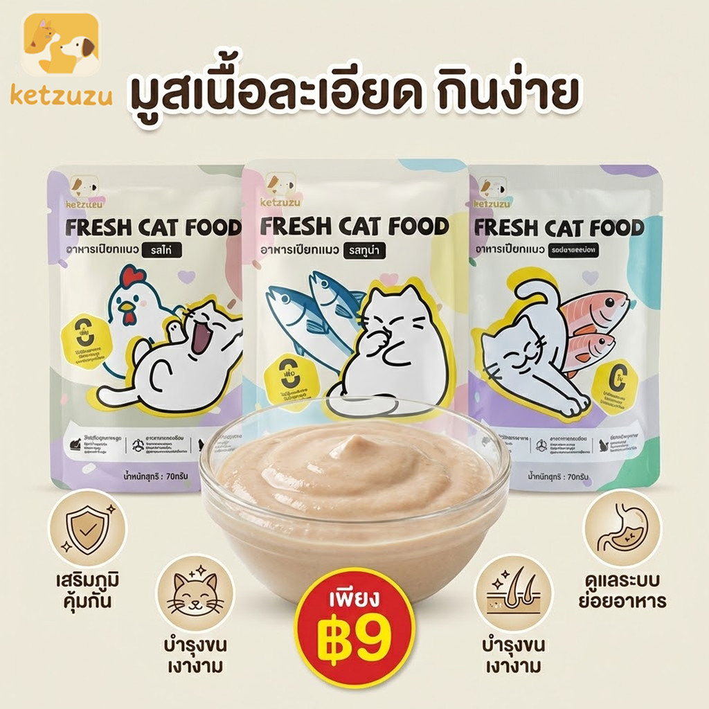 Ketzuzu 😻 อาหารเปียกแมว แบบซอง 70g ครบ 3 รสชาติ (ไก่/แซลมอน/ทูน่า) สารอาหารครบถ้วน สําหรับแมวทุกสายพันธุ์