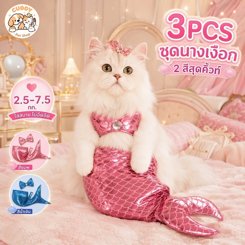 ชุดแมวนางเงือก เซตเสื้อผ้าแมว 3ชิ้น โพลีเอสเตอร์ ใส่สบาย มีหางปลา สําหรับแมวสุนัขเล็ก
