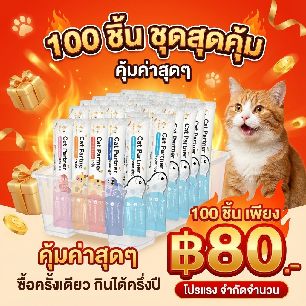 ตุนได้ตุน! แพ็คใหญ่ 100 ซอง Ketzuzu 16g แมวเลียเกรดพรีเมียม ไขมันต่ํา โปรตีนสูง น้องแมวเลิฟเวอร์ ทานได้ทุกวัย