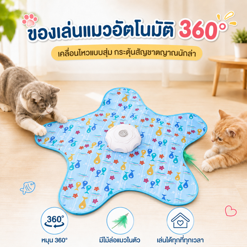 ของเล่นแมวอัตโนมัติ 360° ไม้ล่อแมวไฟฟ้า USB ชาร์จได้ เคลื่อนไหวสุ่ม ปรับ 3 ระดับ แก้เบื่อแมว เล่นเองได้