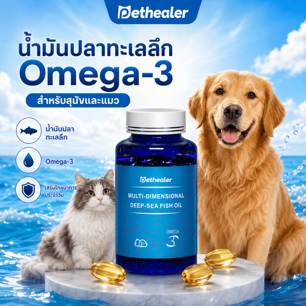 PETHEALER Omega 3 Fish Oil น้ํามันปลา สําหรับสุนัขและแมว น้ํามันปลาทะเลลึก 50g 100 แคปซูล บํารุงขน ผิวหนัง ดูแลข้อต่อ อาหารเสริมสุนัขและแมว วิตามิน A D3 E