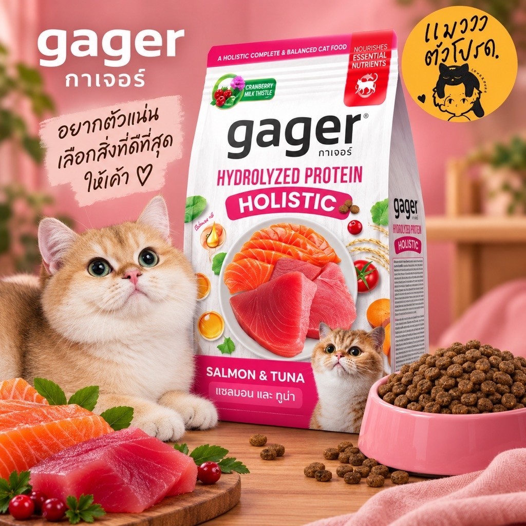 Gager กาเจอร์ อาหารแมวโฮลิสติก HYDROLYZED PROTEIN สูตร Salmon & Tuna แซลมอนและทูน่า 1 กก. มีให้เลือก 1/3/5 ถุง