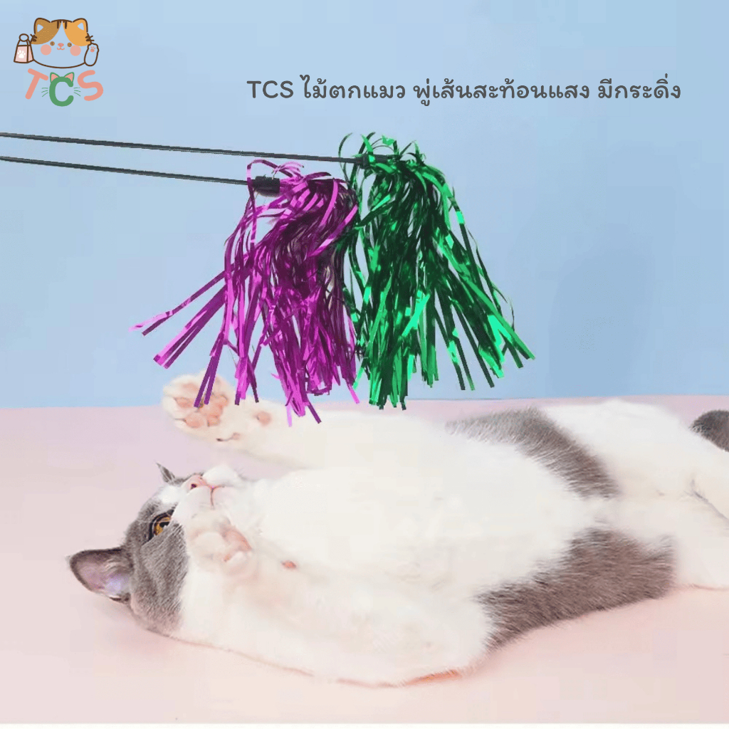TCS ไม้ตกแมว พู่เส้นสะท้อนแสง ขนาด 2 แบบ 30 cm. และ 50 cm. มีกระดิ่ง เคลื่อนไหวพลิ้วไหว ดึงดูดสายตา ช่วยฝึกการเคลื่อนไหว