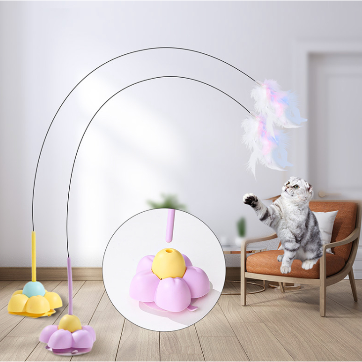 PP-2790 ไม้ตกแมวห่วงขนนก ฐานดอกไม้ มีกระดิ่ง น่ารักล่อใจ แมวเล่นเพลินไม่เบื่อ