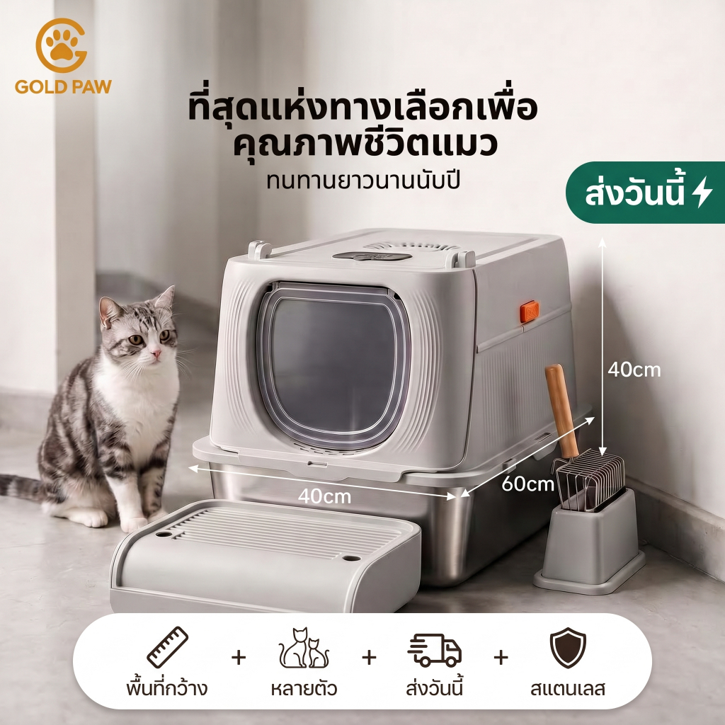 GOLD PAW กระบะทรายแมวสแตนเลสแบบปิดเต็ม ขนาดใหญ่ พร้อมแผ่นดักทราย พลั่วตักทราย กันกลิ่น ล้างทําความสะอาดง่าย